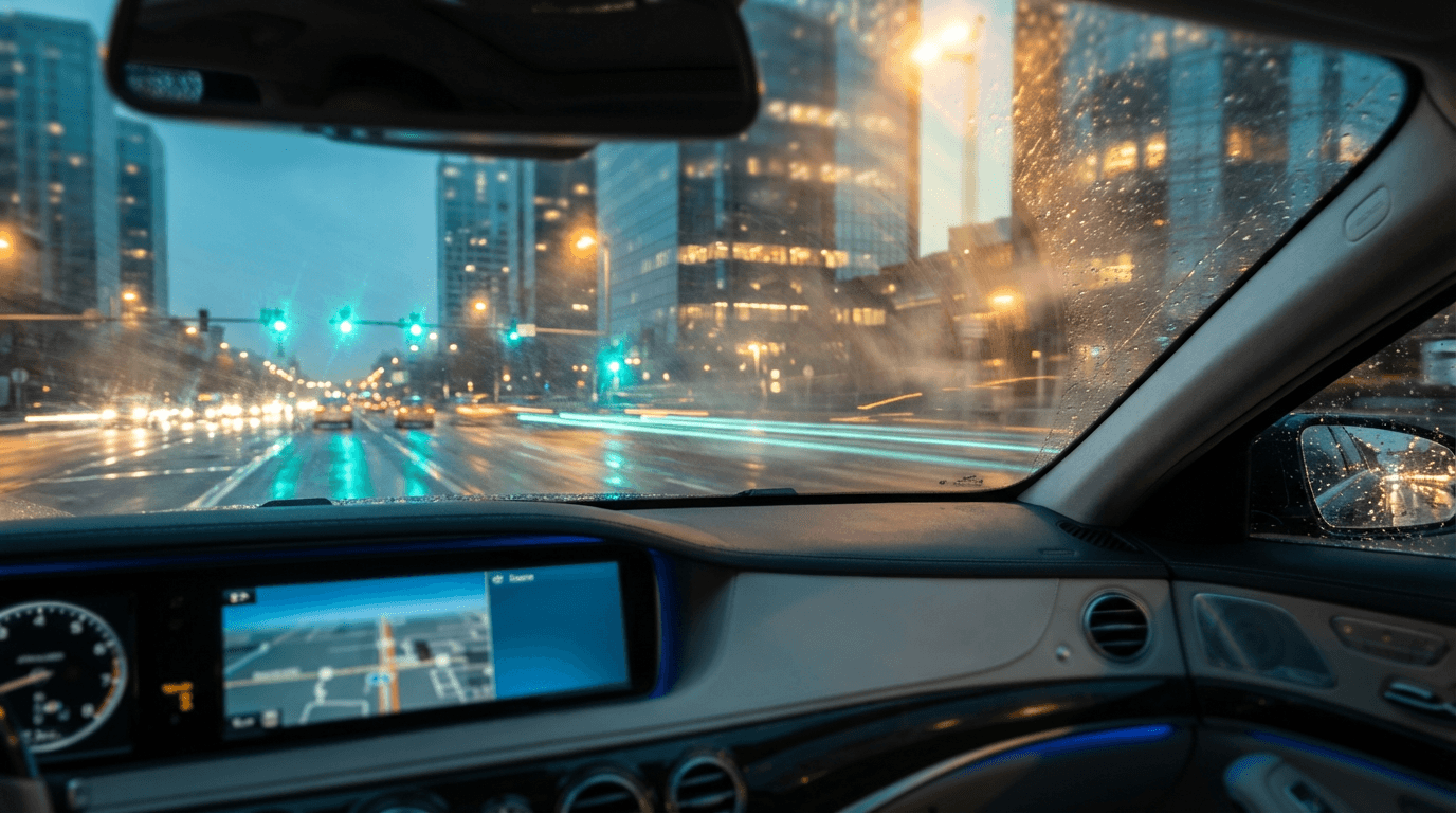 Passenger enjoying city view during private car transfer